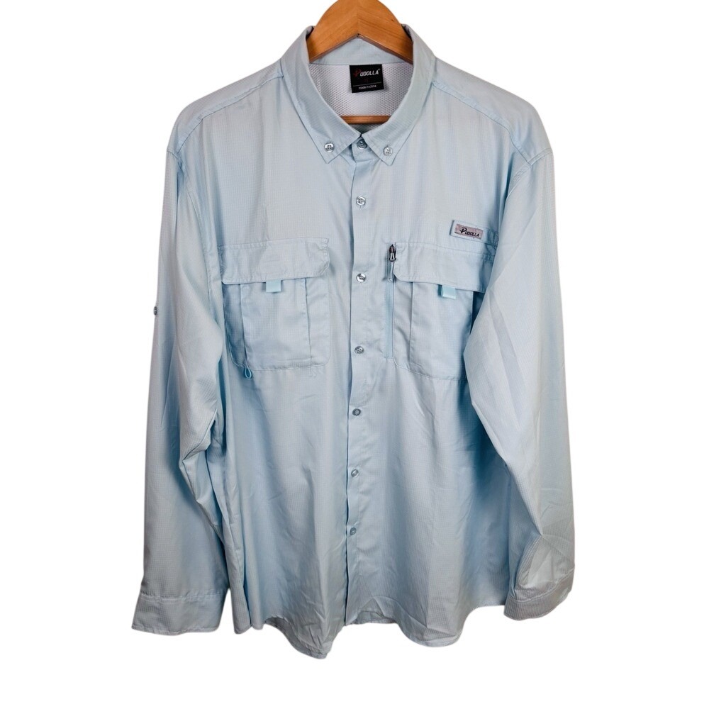 Pudolla Men's Fishing Shirt XL Long Sleeve‎ Light Blue Vented Quick Dry